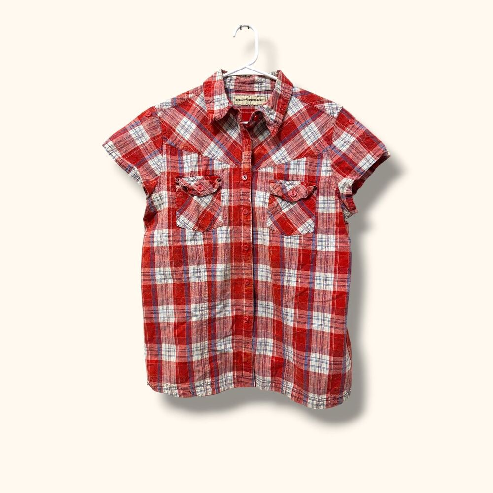 Bit & Bridle Shirt Womens L Red Plaid Short Sleeve Button Front Western Pocket